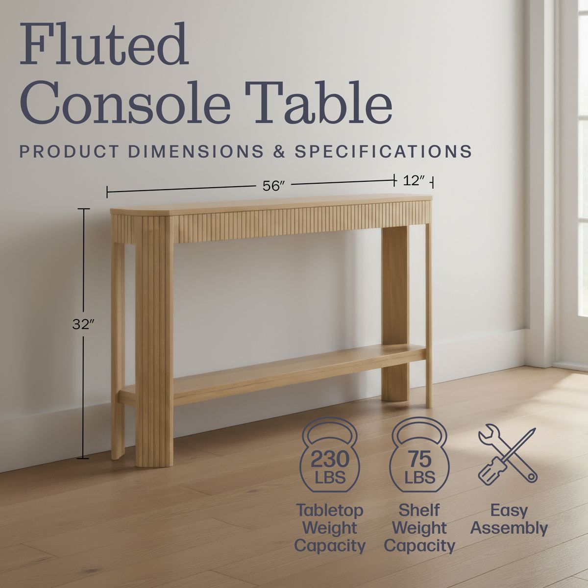 Fluted Solid Wood Console Table 56 Inch - thumbnail 3