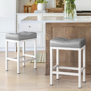 Arceso Bar stools Set of 2, 24 Inch Saddle Backless Faux Leather Counter Height Stools with Black Metal Legs, Light Gray and White - 1 of 4