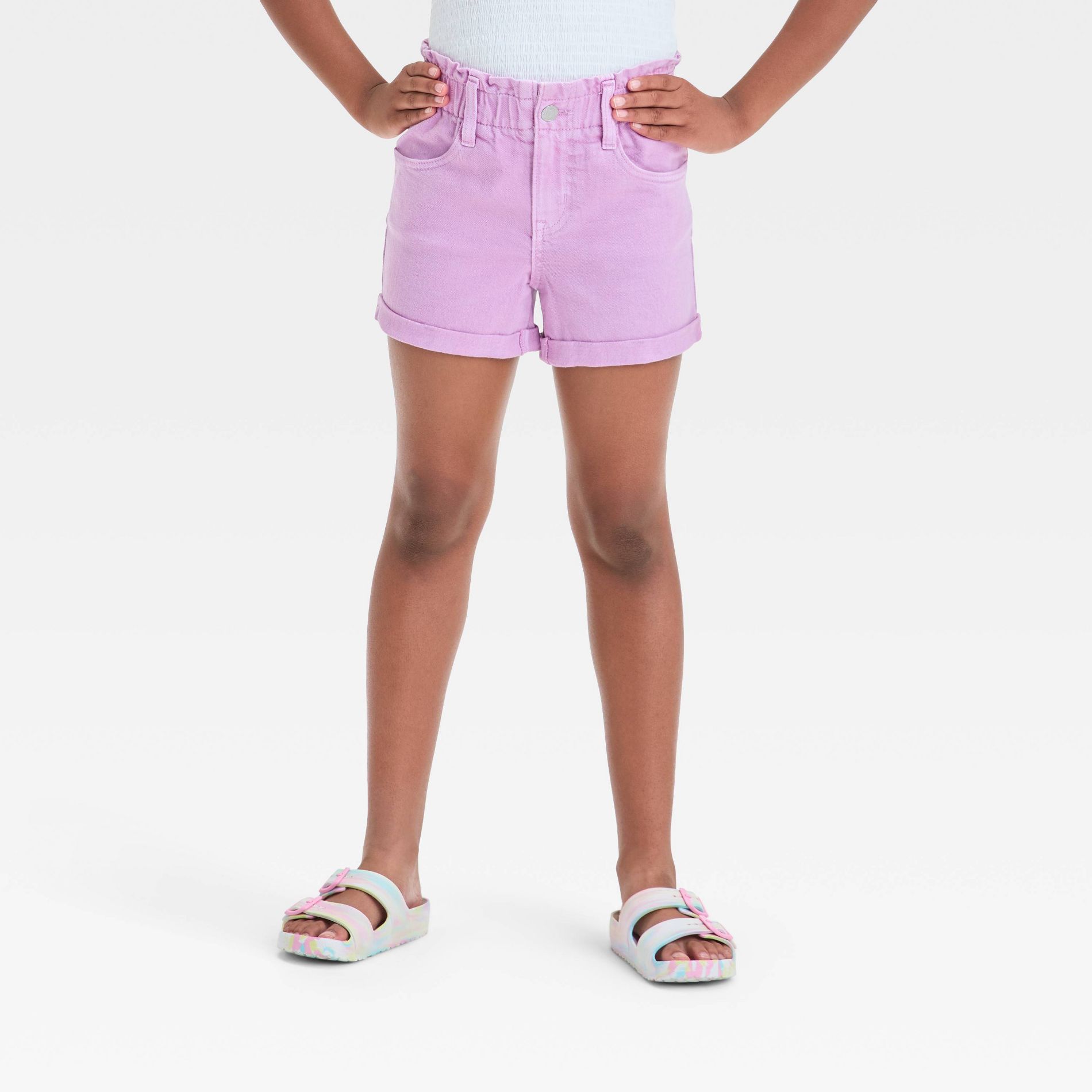 Girls' High-Rise Paper Bag Cuffed Jean Shorts - Cat & Jack™ Lilac Purple M: Cotton Denim, Stretch Fabric, Elastic Waistband