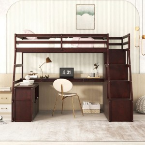 Loft Bed Twin Size Wooden Frame Bed With 7 Drawers 2 Shelves 1 Desk Space-Saving Design For Kids Bedroom Furniture - 1 of 4