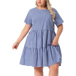 Agnes Orinda Women's Plus Size Gingham Vintage Plaid Round Neck Short Sleeve Tiered A-Line Midi Summer Dress - 1 of 4