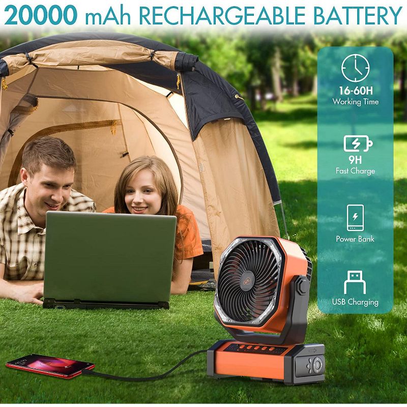PANERGY 20000mAh Camping Fan with LED Light, Auto-Oscillating Desk Fan with Remote & Hook, Rechargeable Battery Operated Tent Fan - Orange, 2 of 9