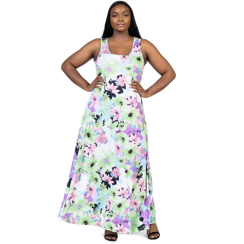 24seven Comfort Apparel Plus Size Pastel Floral Scoop Neck A Line Sleeveless Maxi Dress, 5 of 7
