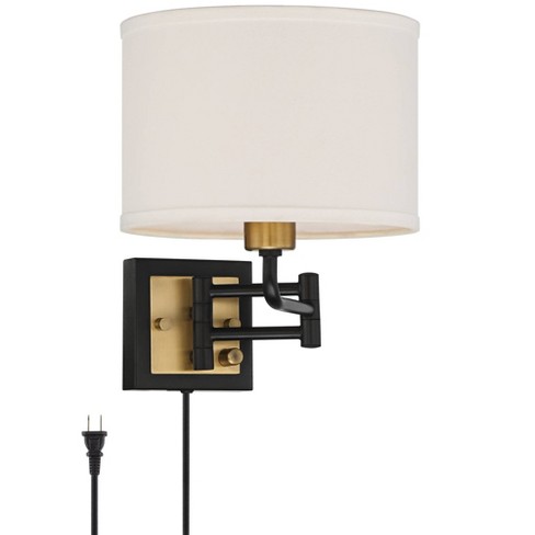 Barnes and Ivy Eleganta Modern Swing Arm Wall Lamp Brushed Satin Brass Plug-In Light Fixture Dimmable White Linen Empire Shade for Bedroom Bedside