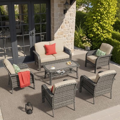 XIZZI Outdoor Wicker Sofa Set with Optional Swivel Chairs, 3.5" Cushions 5 Colors (Gray, Black, Navy, etc.), All-Weather Rattan, Modular 2-7 Pieces