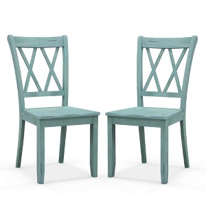 Costway Set of 2 Wood Dining Chair Cross Back Dining Room Side Chair Mint Green Home Kitchen - 1 of 4