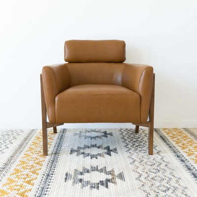 Kayson Tan Leather Lounge Chair with Non-Removable Cushions, Solid Wood Frame, and Easy-Clean Design