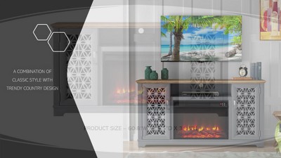 Gray Farmhouse TV Stand with Electric Fireplace and Cabinet