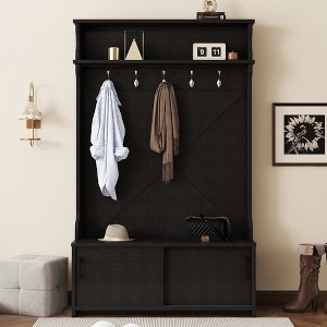 ZHUTA Hall Tree with Top Shelf and Storage Bench, Hallway Shoe Cabinet with Sliding Doors, Coat Rack with 5 Hanging Hooks for Entryways Hallways - 1 of 4