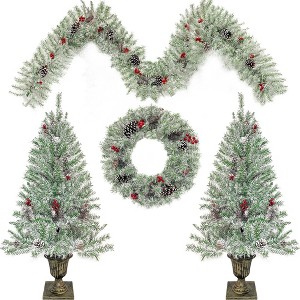4-Piece Artificial Christmas Set, Garland, Wreath and Set of 2 Entrance Pre-lit Xmas Tree with LED Lights-ModernLuxe - 1 of 4