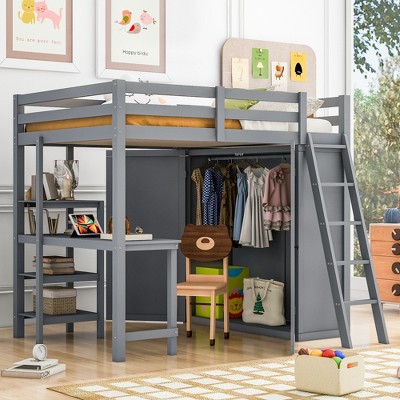 Full Size Loft Bed with Wardrobe, Desk and Shelves
