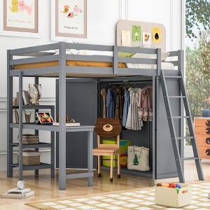 Full Size Loft Bed with Wardrobe, Desk and Shelves - 1 of 4