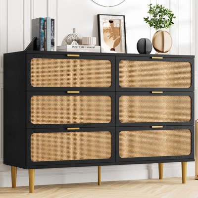 Rattan 6 Drawer Dresser for Bedroom, Black Double Dresser with Golden Handles, Wooden Chest of Drawers for Closet for Living Room, Hallway, Nursery