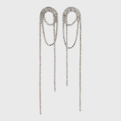 Layered Stone Chain Linear Earrings - Silver