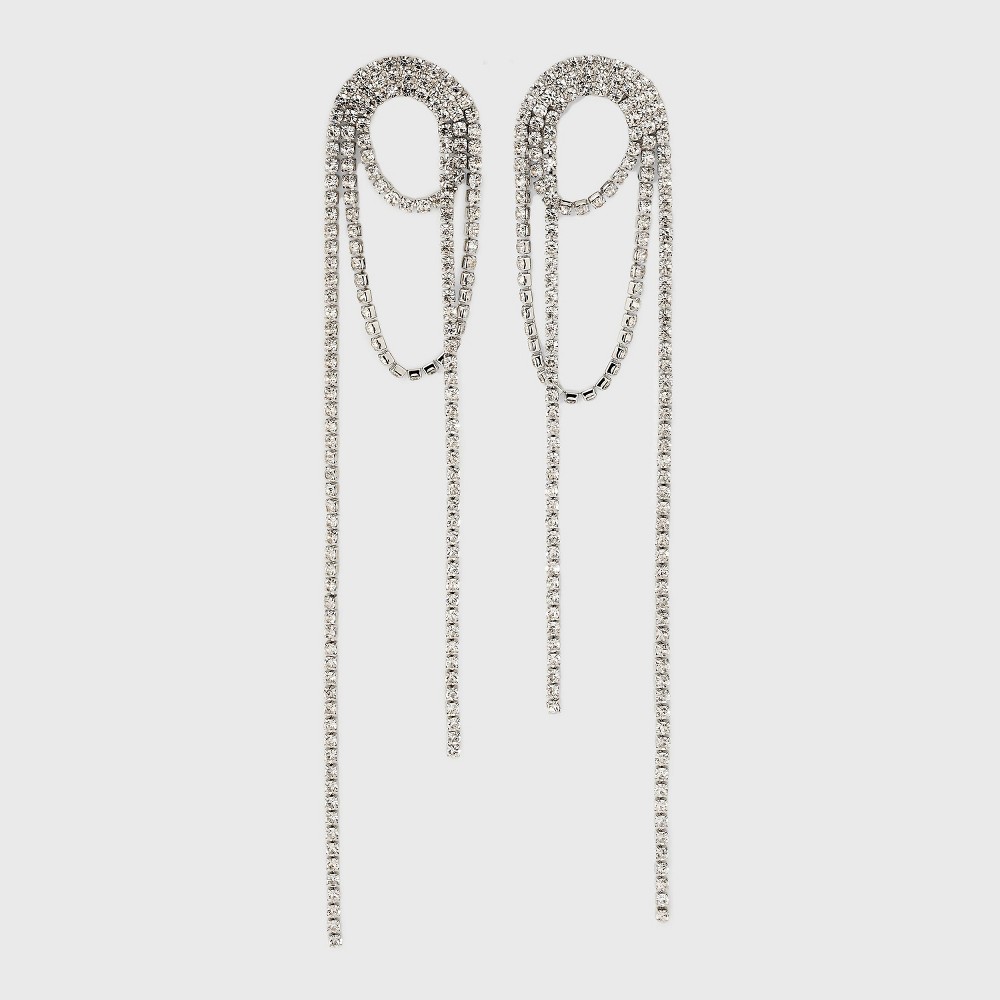 Layered Stone Chain Linear Earrings - Silver