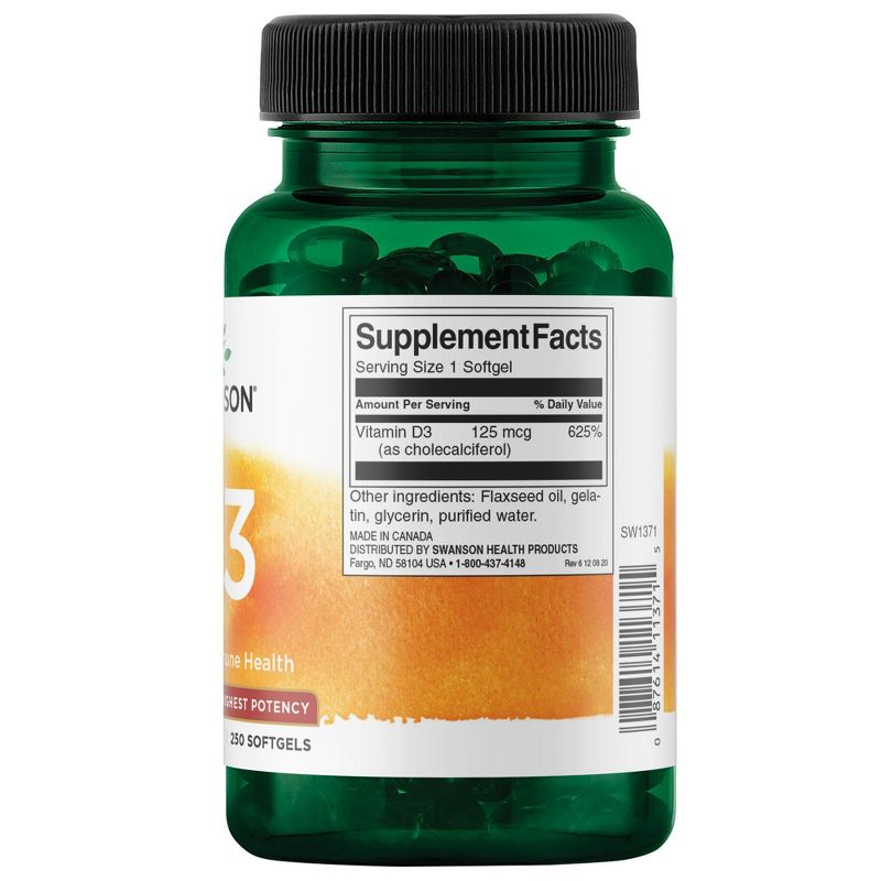 Swanson Vitamin D3 - Highest Potency 5,000 Iu Softgel 250ct, 2 of 7