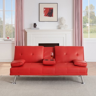 Aukfa 67" Convertible Folding Futon Sofa Bed Leather w/Cup Holders & Armrests