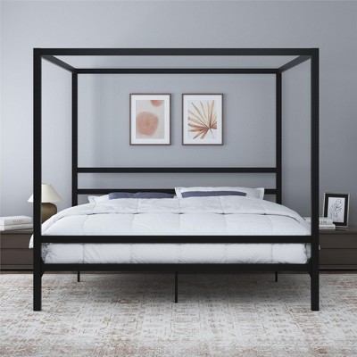 King Black Metal Canopy Bed Frame with Headboard and Slats