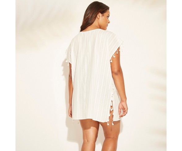 Women's Plus Size Tassel Trim Poncho Cover Up - Cover 2 Cover White 3X