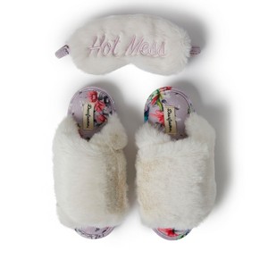 Dearfoams Women's Louise Fuzzy Cross Band Slide Slipper with Eyemask Gift Set - 1 of 4