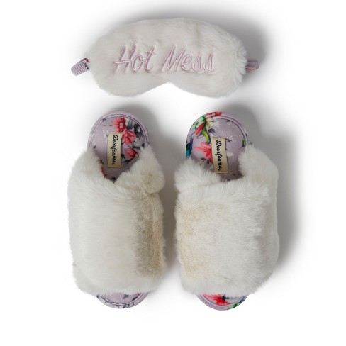 Dearfoams Women's Louise Fuzzy Cross Band Slide Slipper with Eyemask Gift Set - image 1 of 4