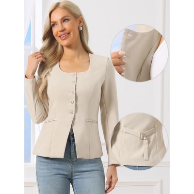 Женские пиджаки INSPIRE CHIC Women's Button Down Scoop Neck Split Hem Business Casual Work Fitted Blazer Medium Black — фото 2