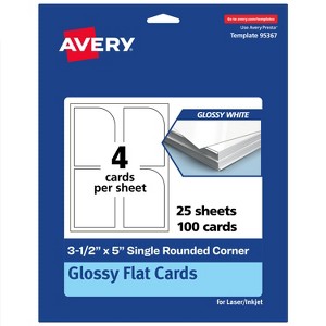 Avery Printable Single Rounded Corner Rectangle Flat Cards, 3-1/2" x 5", Glossy White Cardstock, Print-to-The-Edge, Laser/Inkjet Printable, 100 Total - 1 of 4