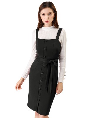 INSPIRE CHIC Women's Classic Button Decor Slim Fit Sleeveless Tie Waist Pinafore Overall Dress