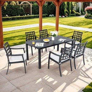 7-Piece Outdoor Dining Set, Stationary Chairs and Dining Table with Umbrella Hole, Chairs with Aluminium Frame and Foam Cushions-Coolbibila - 1 of 4