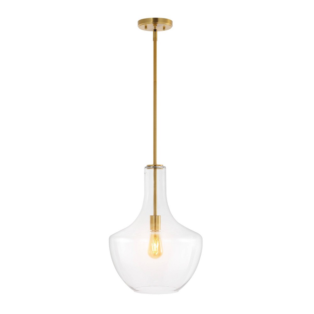 JONATHAN Y 13.25" 1-Light Watts Mid-Century Modern Iron/Glass LED Pendant Brass Gold/Clear : UL Listed, Adjustable Height, Dimmable