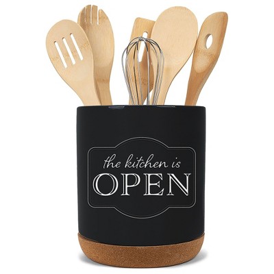 Elanze Designs Kitchen Is Open Black X-Large Cork Bottom Kitchen Utensil Holder