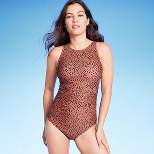 Women's Spotted Print High Neck Ruched One Piece Swimsuit - Kona Sol™ Brown