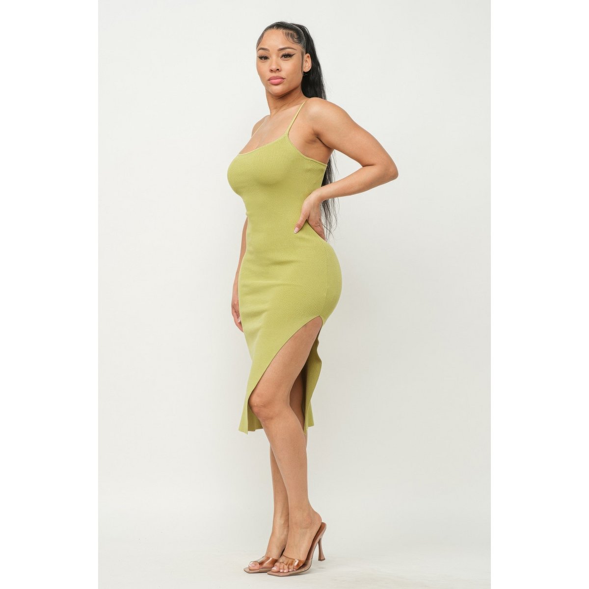 Женские платья Slickblue Bodycon Side Slit Midi Dress for Women Spaghetti Straps Cami Dress Trendy Summer Outfit, Green Bean, L — фото 4