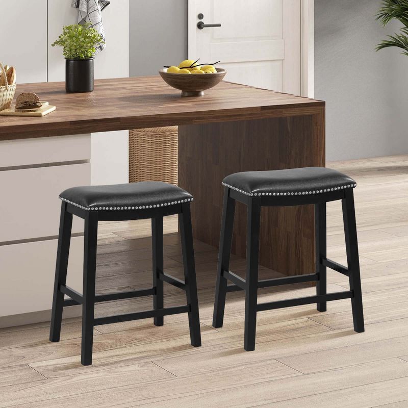 Costway 26-Inch Bar Stool Set of 2 Counter Height Saddle Stools with Upholstered Seat Brown/Black/Gray, 2 of 9