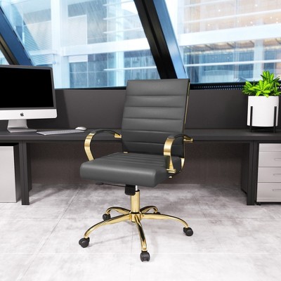 ErgoSwivel Mid-Century Gray Leather Office Chair with Gold Metal Frame