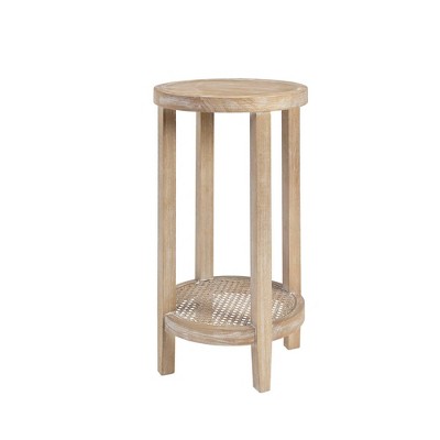 Harley Round Wheat Wood Accent Table with Rattan Shelf