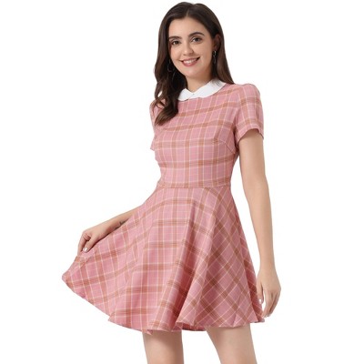 Allegra K Women's Plaid Grid Peter Pan Collar Contrast A-line Dresses