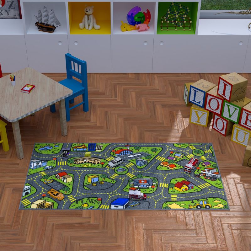 Jungtier Boy & Girl Kids Retro City Road Car Vehicle Traffic Educational Learning & Game Play Nursery Bedroom Classroom Rug Carpet, 2' 7" x 5' 0", 2 of 11