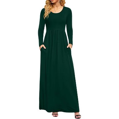 LEVEN SIXTEEN Dark Green Long Sleeve Maxi Dress, Empire Waist with Pockets Dark Green-Medium Medium