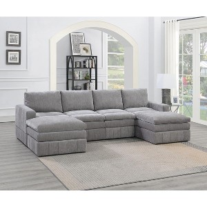 Okak Modern Convertible Sectional Sofa Couch with 2 Armchair/Wedge, 2 Armless Chairs /Ottomans 6 pc Fabric Plush Modular Sofa for Living Room, Gray - 1 of 4