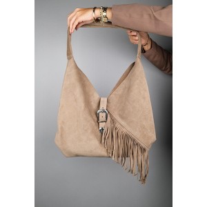 Rosalin - Beige Suede Leather Tassel Shoulder Bag (Women) beige standart - 1 of 4