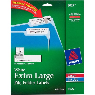 Avery Extra Large File Folder Labels for Laser and Inkjet Printers, 15/16 x 3-7/16 inches, White, pk of 450