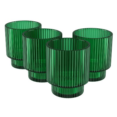 Green Fluted Glass Lowball Cocktail Tumblers Set of 4