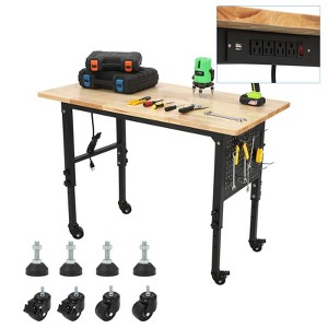 48/60" Workbench, Heavy Duty Rubber Wood Top with Pegboard Hooks, Power Outlet, 4 Lockable Wheels, Adjustable Height - 1 of 4
