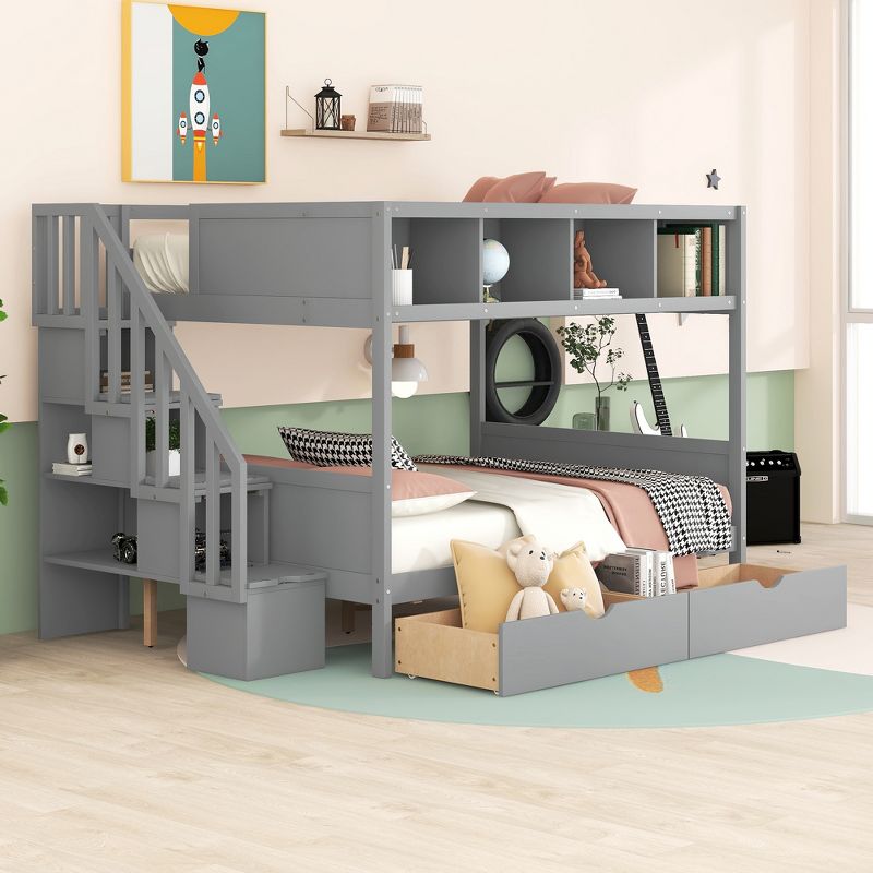 Twin over Full Bunk Bed with Shelves, Storage Staircase and 2 Drawers - ModernLuxe, 3 of 12