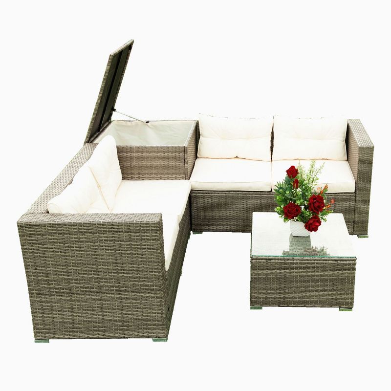 Isabel 4-Piece PE Wicker Rattan Patio Conversation Set, Patio Sectional Sofa Set with Storage Box, Outdoor Furniture - Maison Boucle, 2 of 10