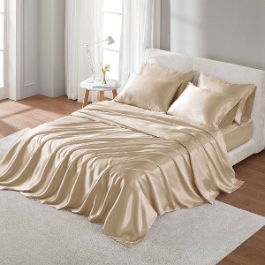 Lyngins Satin Luxury Bed Sheets Set, Wrinkle-Free Split King Bedding Set, 1 Flat Sheet, 2 Fitted Sheets (Fits 16" Mattresses), 4 Pillowcases - 1 of 4