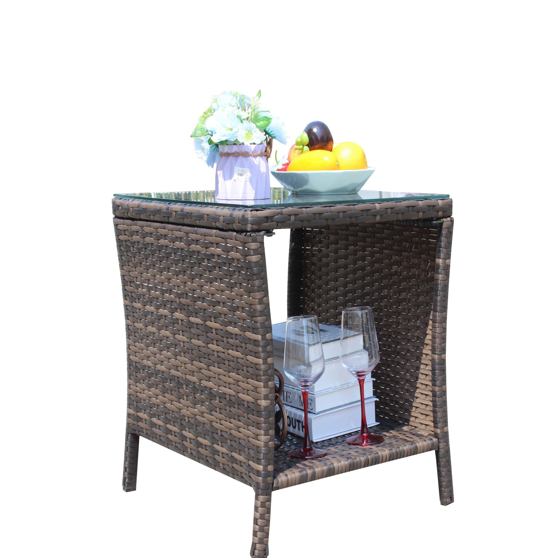 GDFStudio Kacper Outdoor PE Rattan Square Coffee Table with Tempered Glass Top, Brown