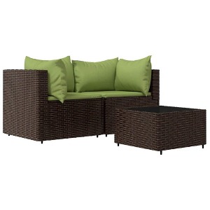 vidaXL Patio Furniture Outdoor Sectional Sofa Couch with Cushions Poly Rattan - Brown and green 2x corner + table - 1 of 4