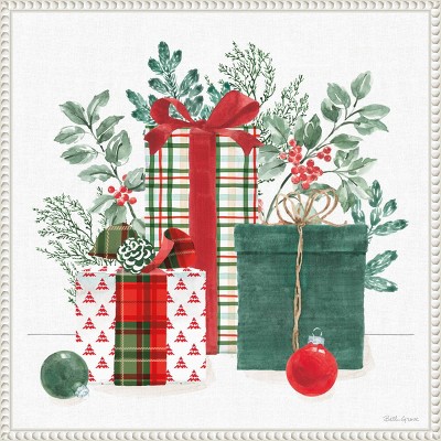 Classic Christmas Presents Greenery Framed Canvas Wall Art